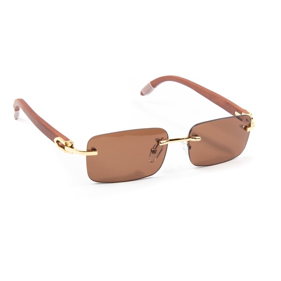 Mens Brown Tint Rimless Gold Frame Wood Sunglasses - Picture 2 of 5